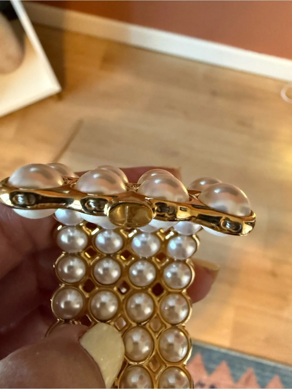 CHANEL Gold-Tone Pearl Multirow Cuff Bracelet